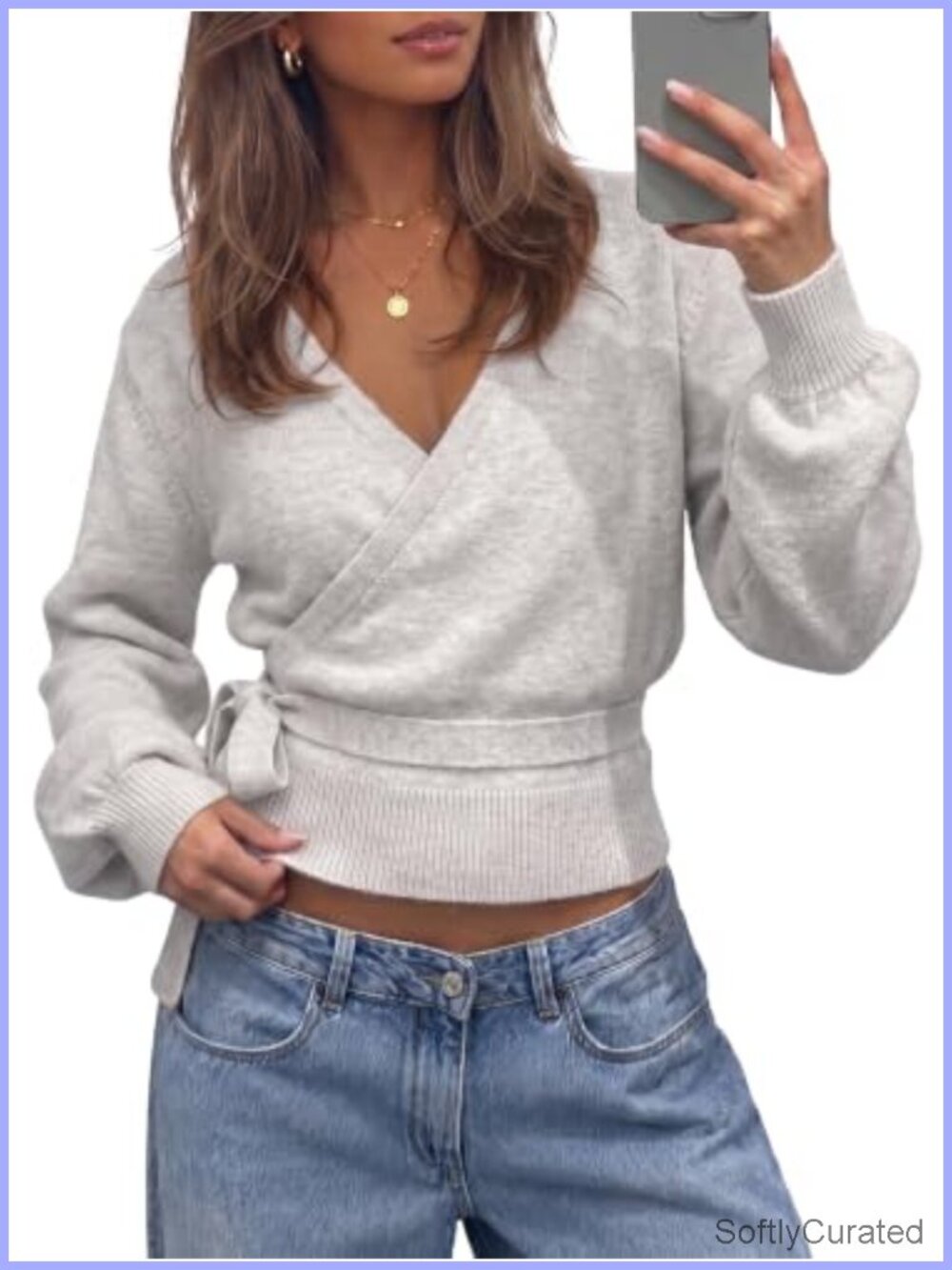 V Neck Wrap Cardigan Sweater Tie Belted Lantern Sleeve Slim Fit Knit Crop Top